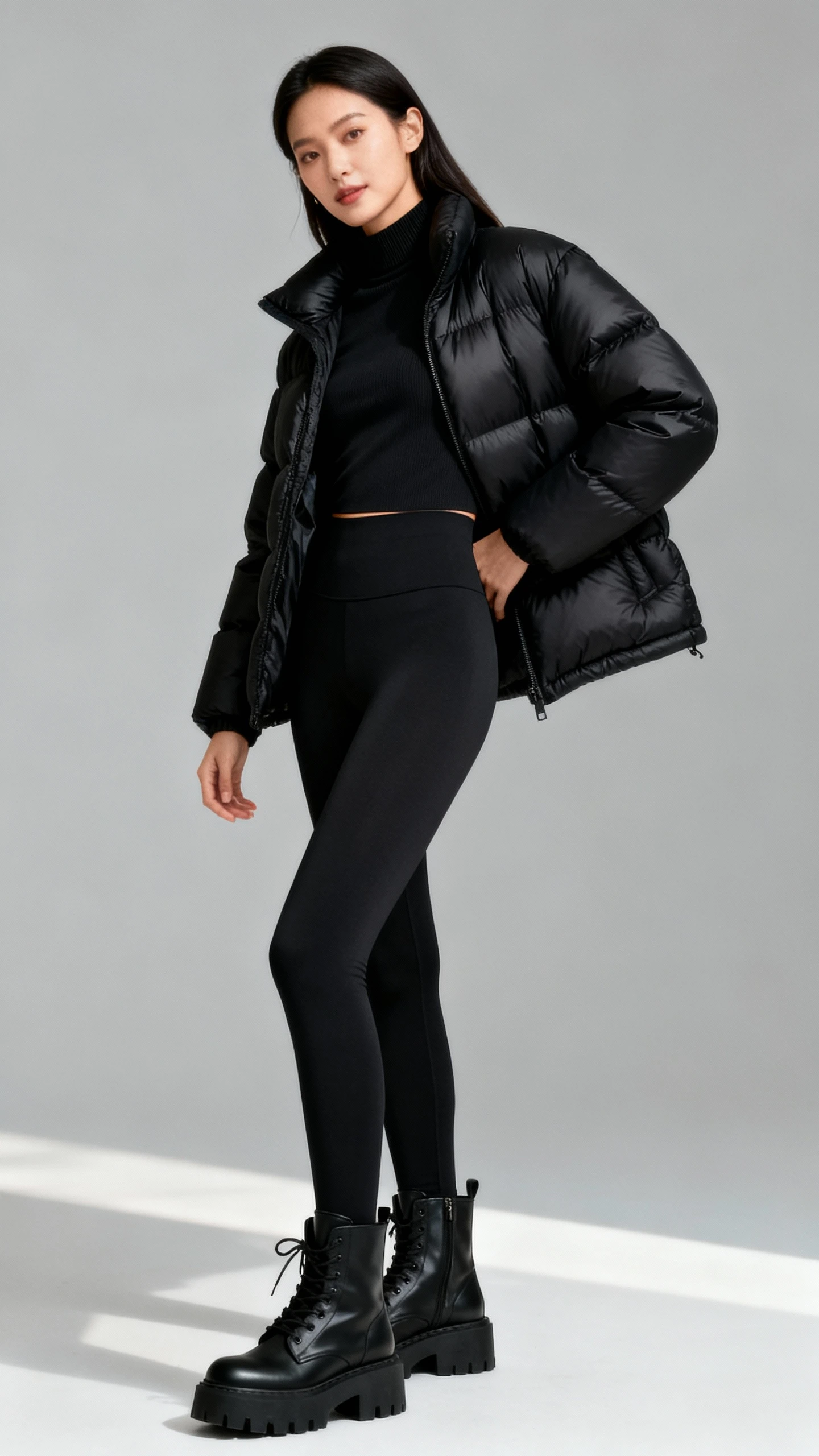 Studio fashion photo of a woman wearing a sleek black puffer jacket, high-waisted black leggings, chunky black boots, and a fitted mock-neck top, neutral gray background, studio lighting, professional natural pose, clean composition, high quality.
