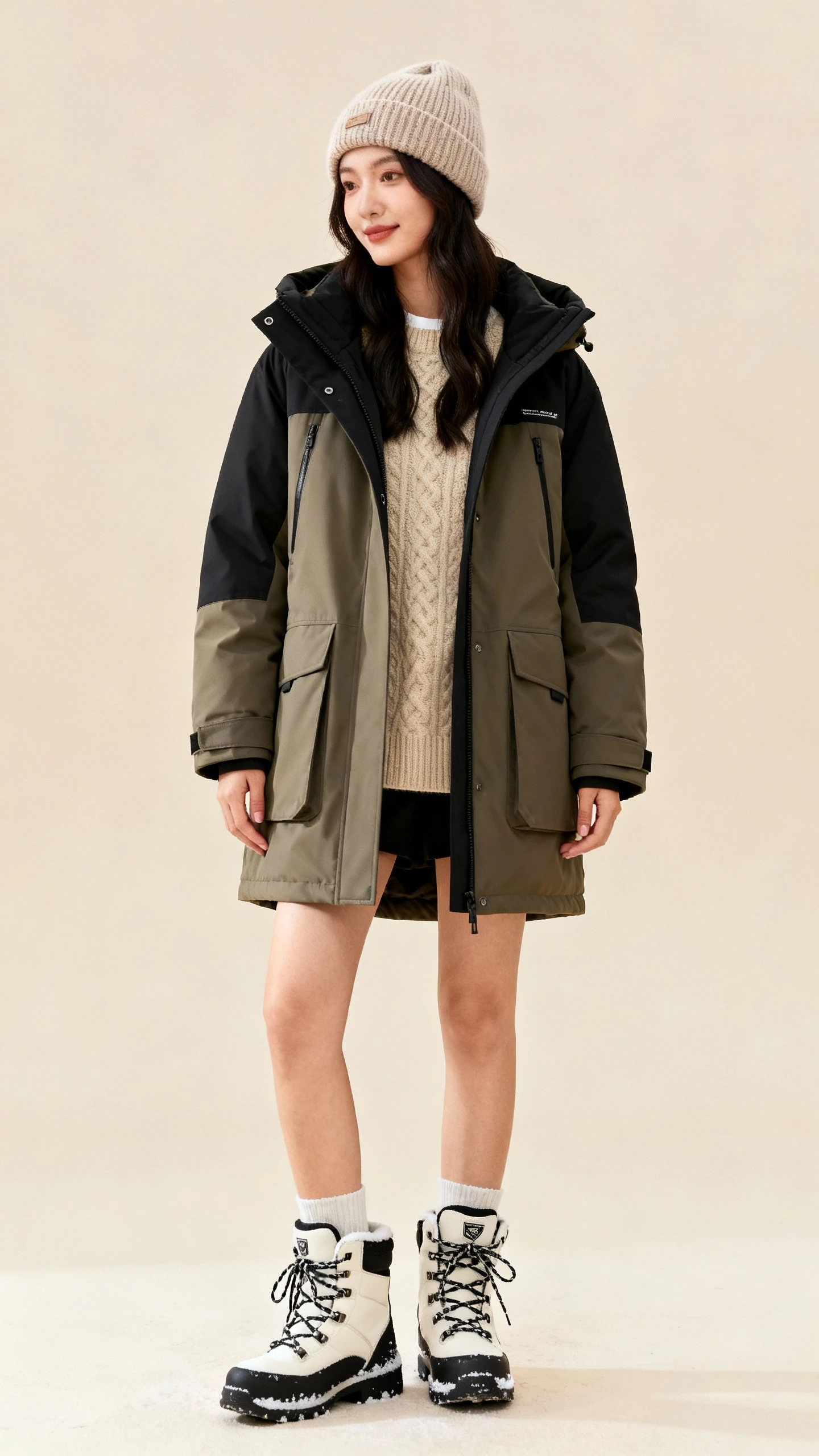 Studio fashion photo of a woman wearing a sleek parka with a wool beanie and snow-proof lace-up boots, layered knit underneath, neutral beige background, soft studio lighting, hands relaxed at sides, clean composition, cute cold-weather look.