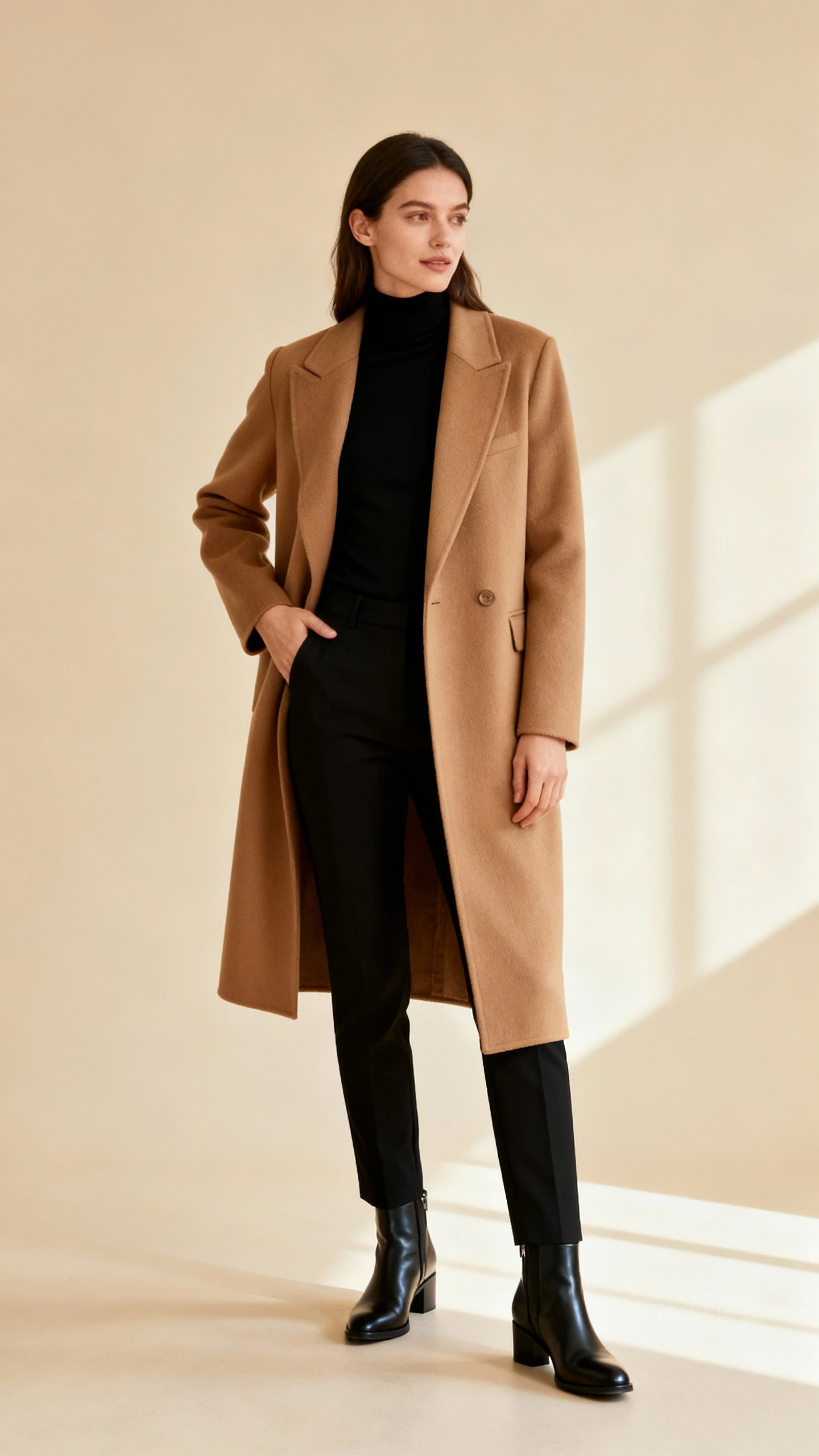 Studio fashion photo of a woman wearing a tailored camel coat over a fitted black turtleneck, slim black trousers, and sleek ankle boots, neutral beige background, soft studio lighting, professional natural pose, clean composition, high quality.