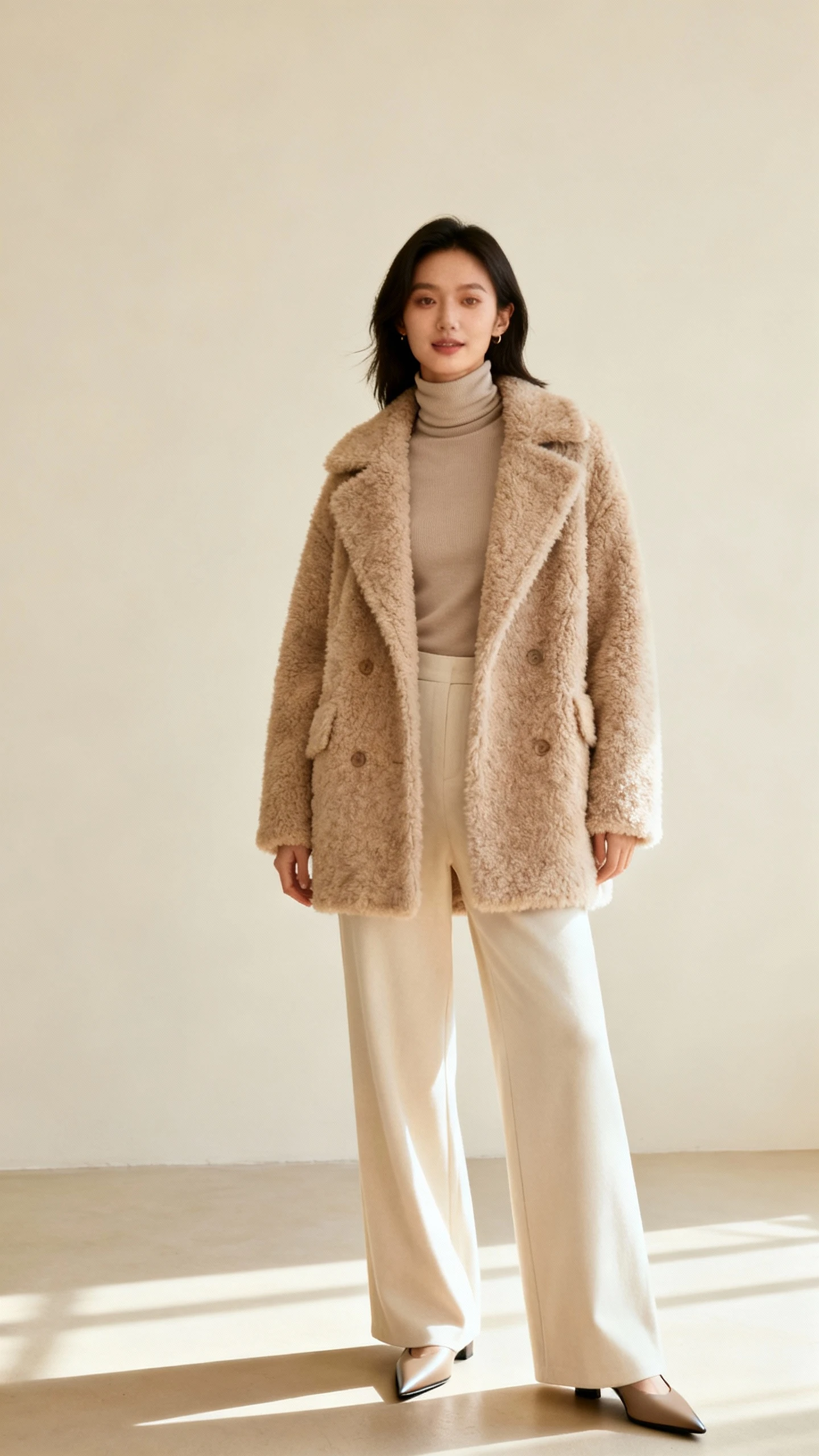 Studio fashion photo of a woman wearing a teddy coat over a sleek turtleneck and wide-leg pants with pointed-toe shoes, cream background, soft studio lighting, gentle movement, clean composition, luxe cozy feel.