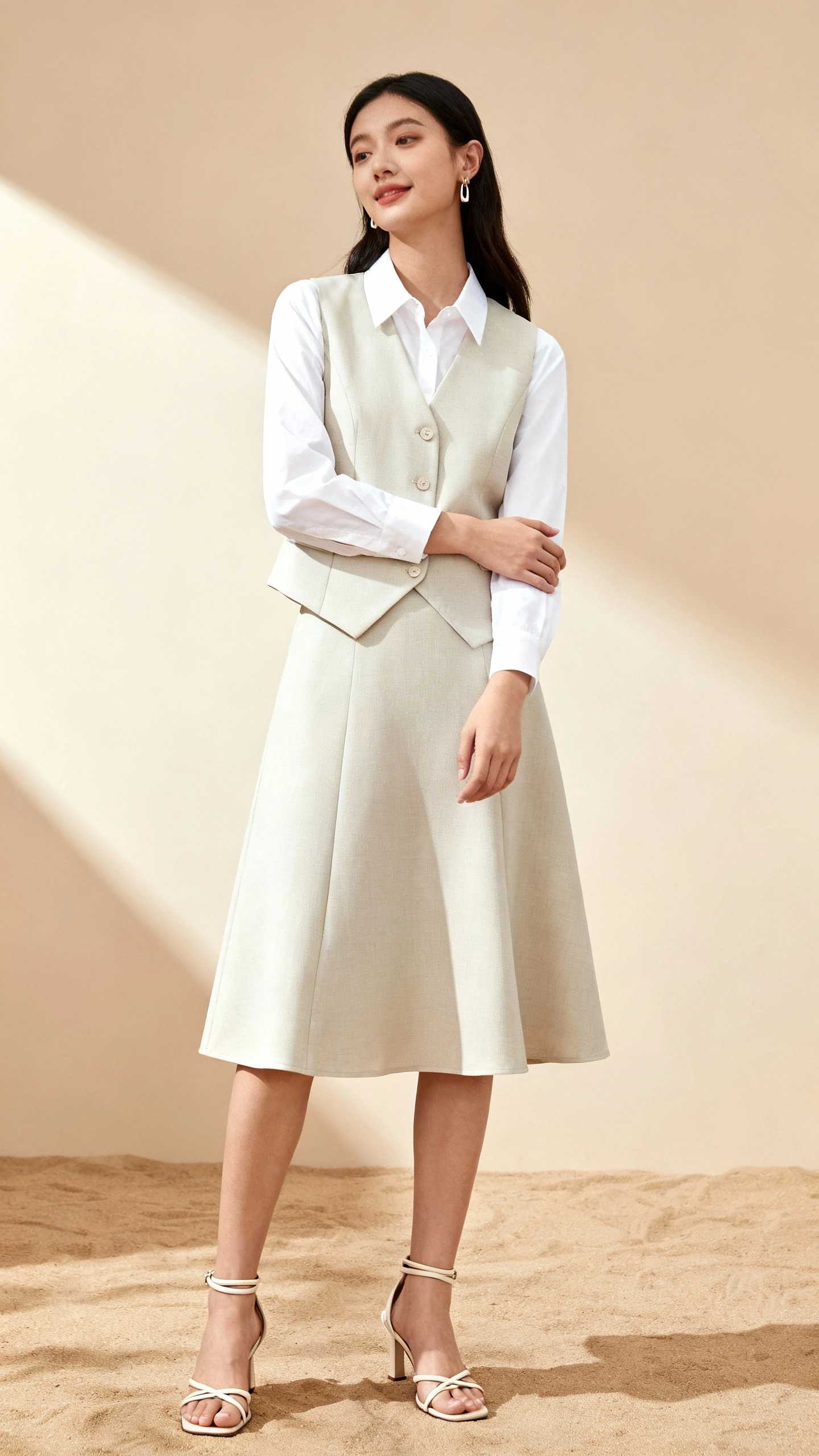 Studio fashion photo of a woman wearing a white shirt styled with a coordinated skirt set (tailored vest top and A-line midi skirt), strappy heeled sandals, delicate earrings; sand-toned background, studio lighting, relaxed yet poised pose, clean composition, magazine quality.