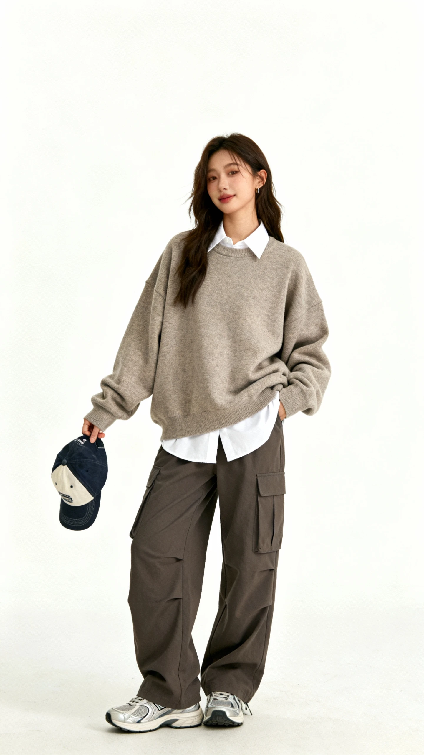 Studio fashion photo of a woman wearing a white shirt as a layer under a slouchy crewneck sweater with relaxed cargo pants and sleek sneakers, baseball cap in hand; white background, soft studio lighting, casual natural pose, clean composition, high quality.