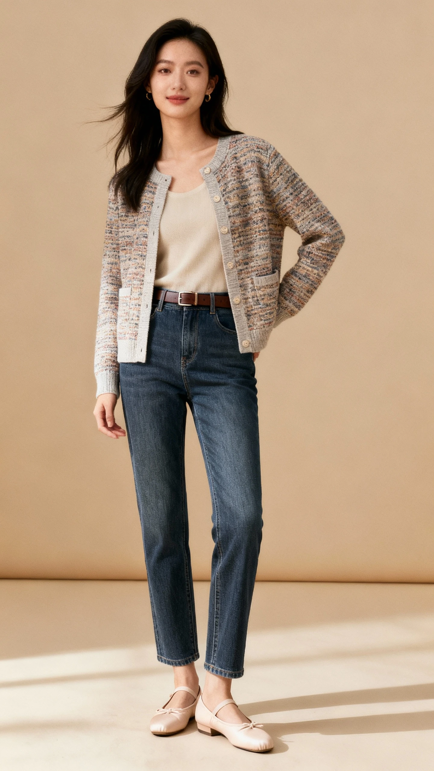 Studio photo of a woman in a cardigan jacket, straight-leg jeans, and ballet flats with a slim belt, tan background, soft studio lighting, relaxed stance, clean composition, polished look.