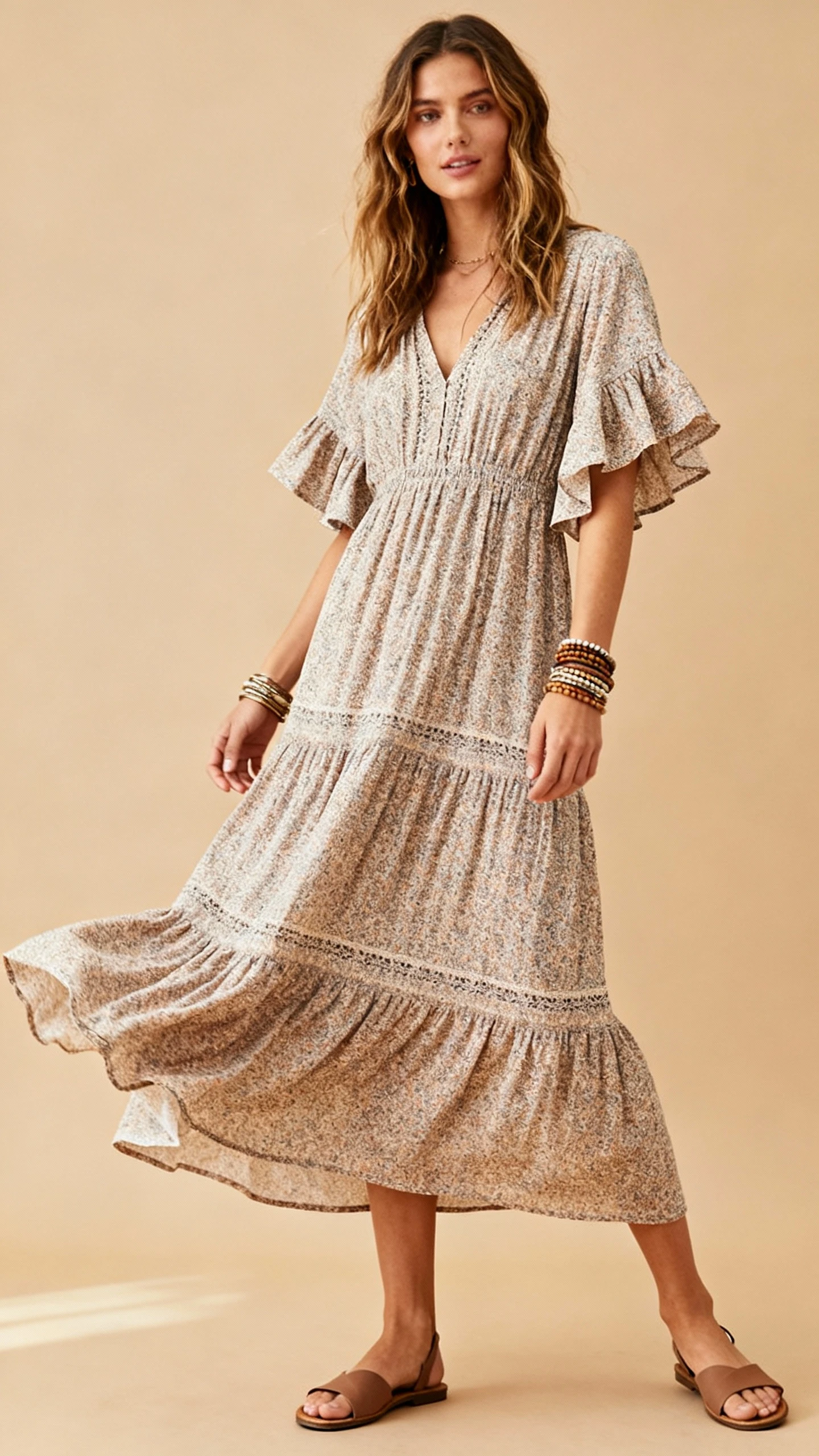 Studio photo of a woman wearing a boho maxi dress with flutter sleeves, layered bracelets, and flat sandals, tan background, soft studio lighting, gentle movement in the hem, clean composition.