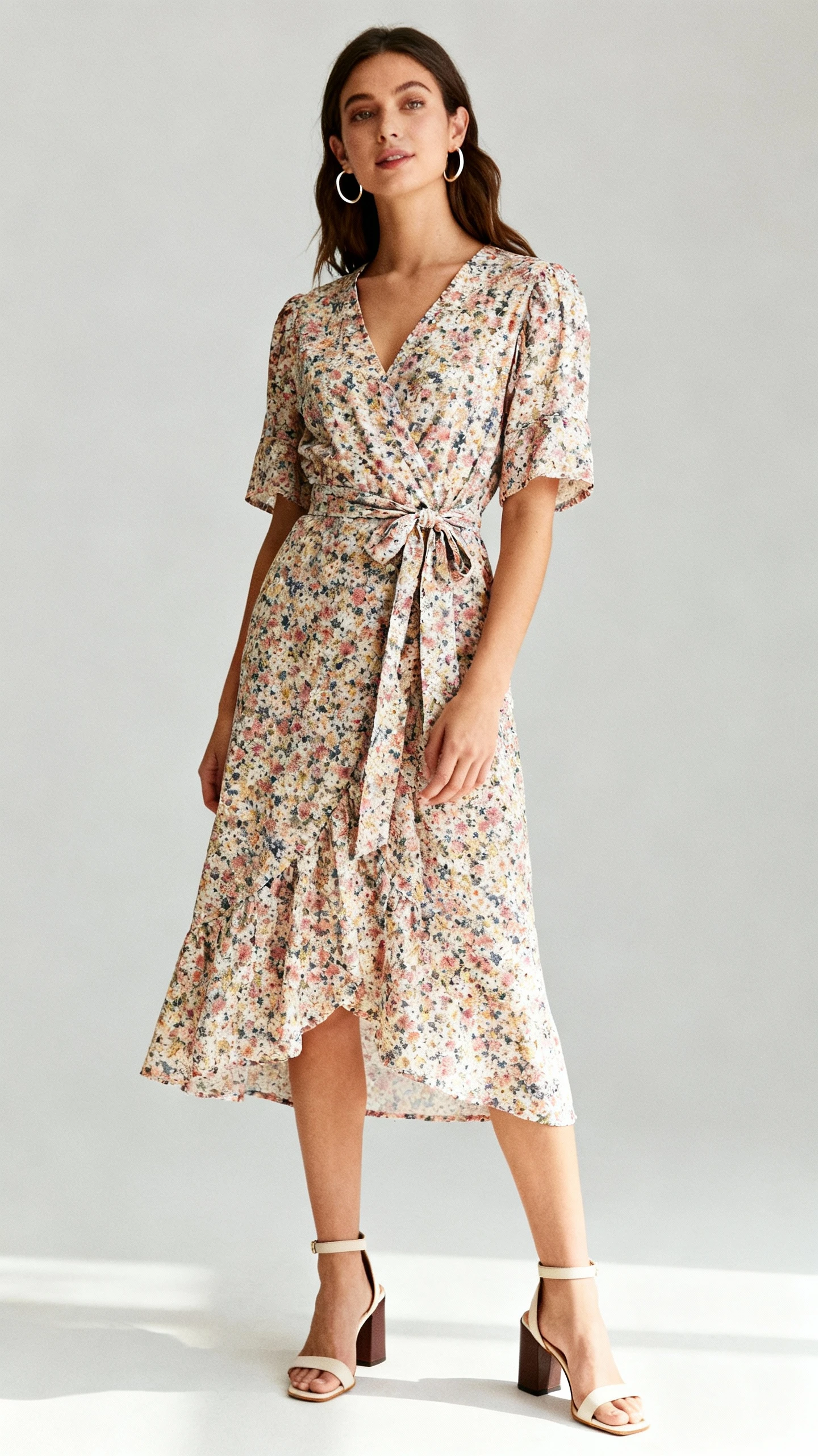 Studio photo of a woman wearing a floral wrap dress with a waist tie, simple hoop earrings, and block-heel sandals, light gray background, soft studio lighting, relaxed stance, clean composition.