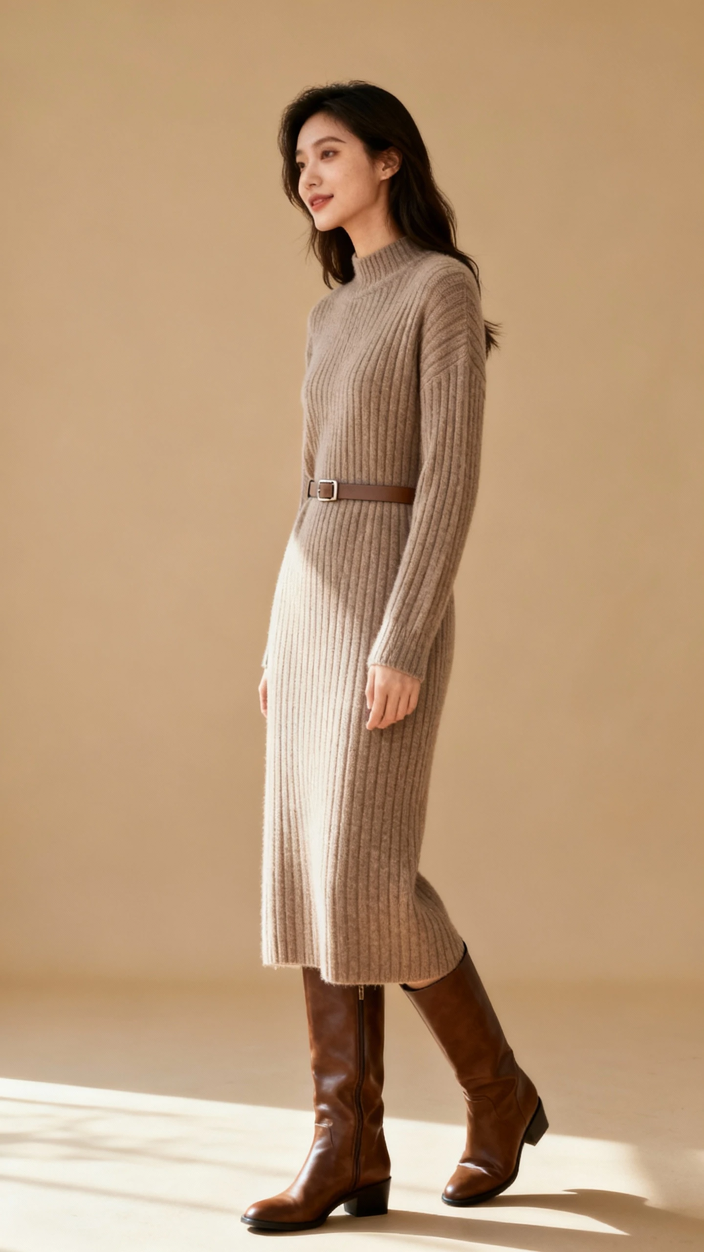 Studio photo of a woman wearing a long ribbed sweater dress with knee-high boots and a minimal belt, tan background, soft studio lighting, gentle side angle, clean composition, cozy refined vibe.