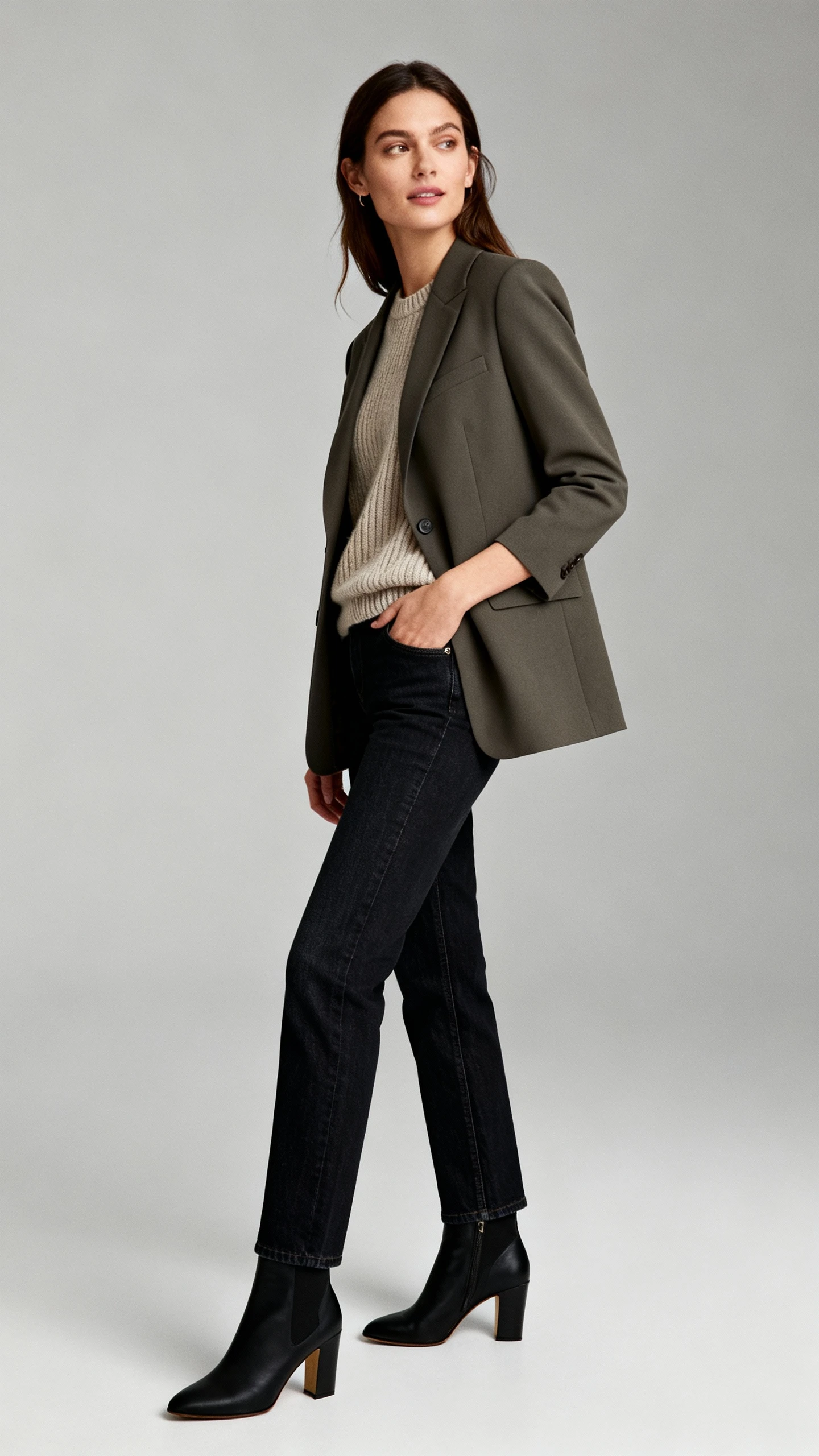 Studio photo of a woman wearing a tailored blazer over a merino knit with dark denim and heeled ankle boots, neutral gray background, soft studio lighting, three-quarter angle, clean composition, day-to-night polish.
