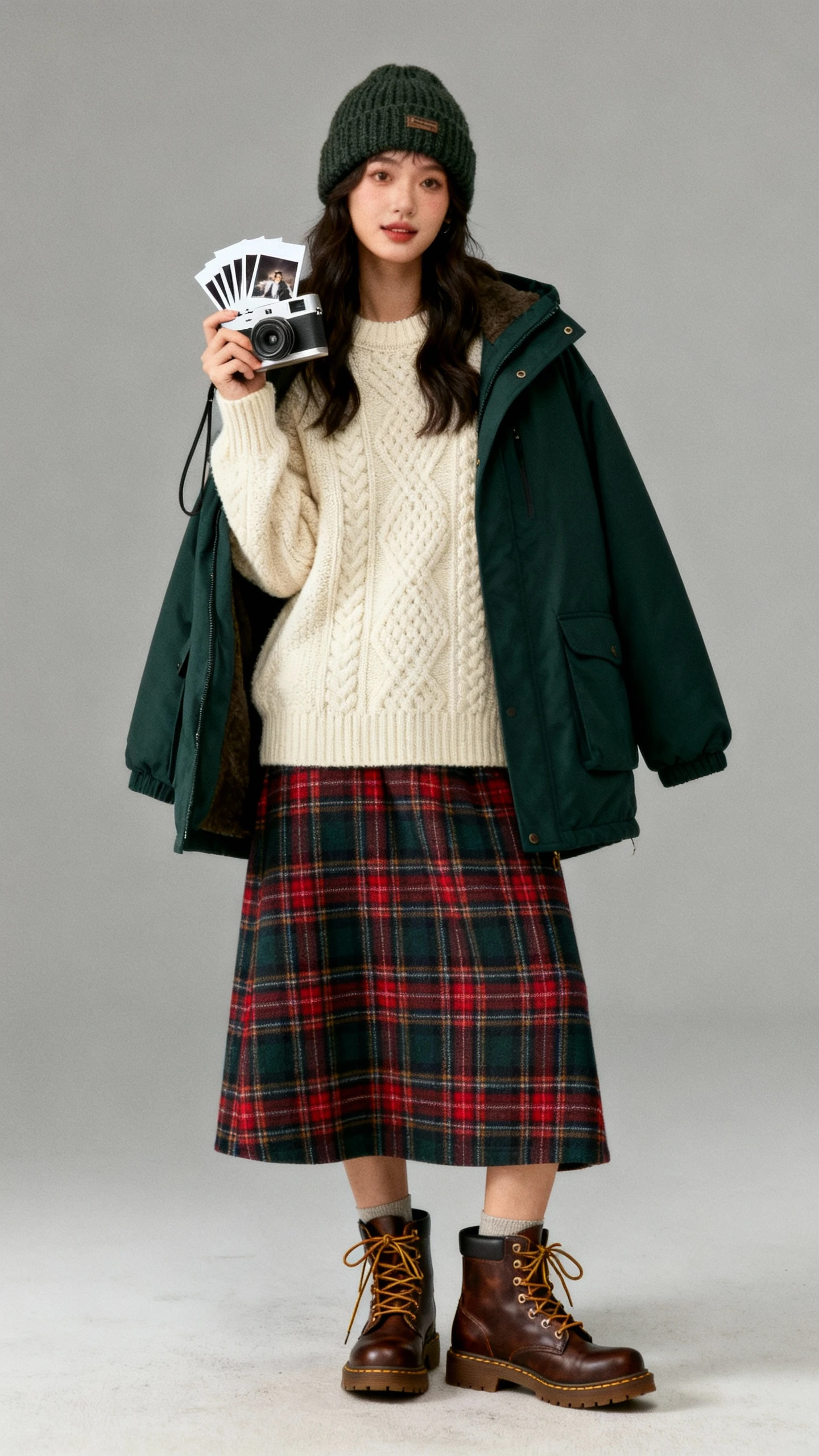 Studio portrait of a woman in a vintage-inspired winter picnic outfit: tartan wool skirt, cream fisherman sweater, dark green parka draped over shoulders, knit beanie, lace-up leather boots, holding an instant-film camera with a stack of fresh prints; neutral gray background, soft studio lighting, relaxed stance, clean composition.