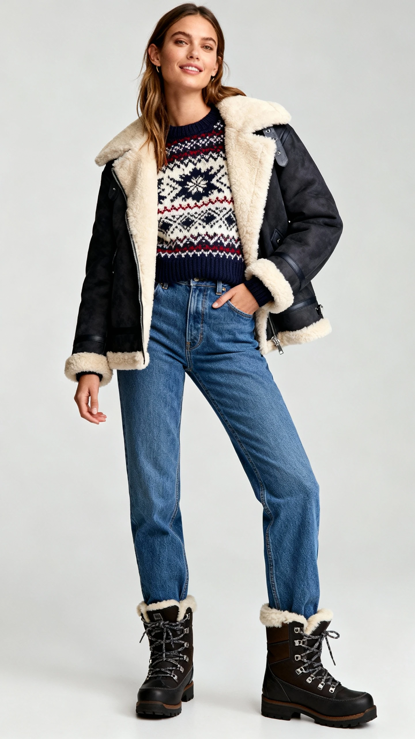 Studio shot of a woman in straight-leg denim, a Fair Isle sweater, and a shearling-trimmed jacket with sturdy boots, light gray background, soft studio lighting, casual stance, clean composition, après-ski inspired.