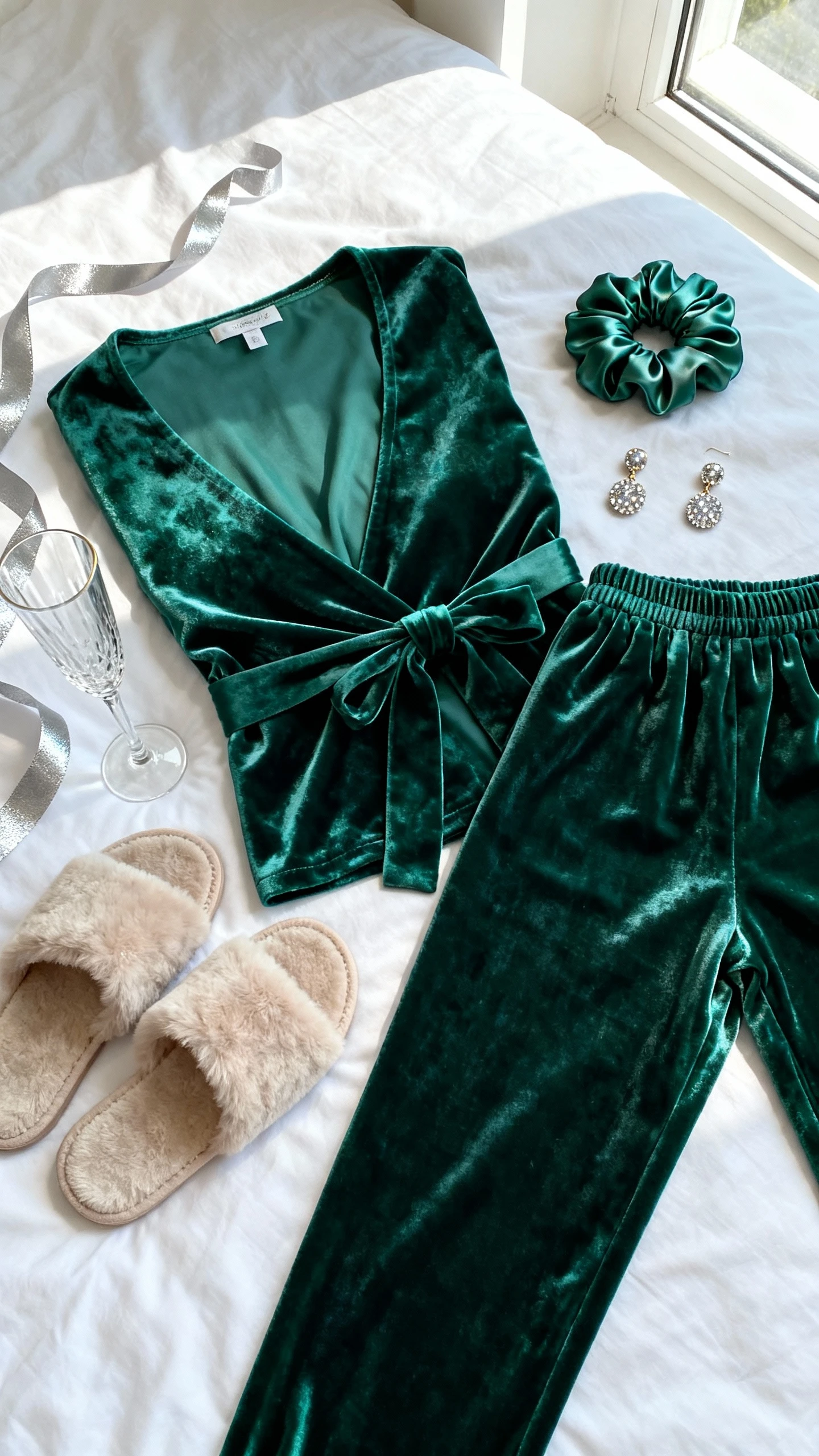 Top-down flat lay of a glam-but-comfy velvet set: emerald velvet wrap top with matching elastic-waist velvet pants, sparkly stud earrings, satin scrunchie, and plush slide slippers, arranged on a white bed with a slim crystal coupe glass and a metallic ribbon as props, bright natural window light, no person visible, clean organized composition, iPhone photo aesthetic.