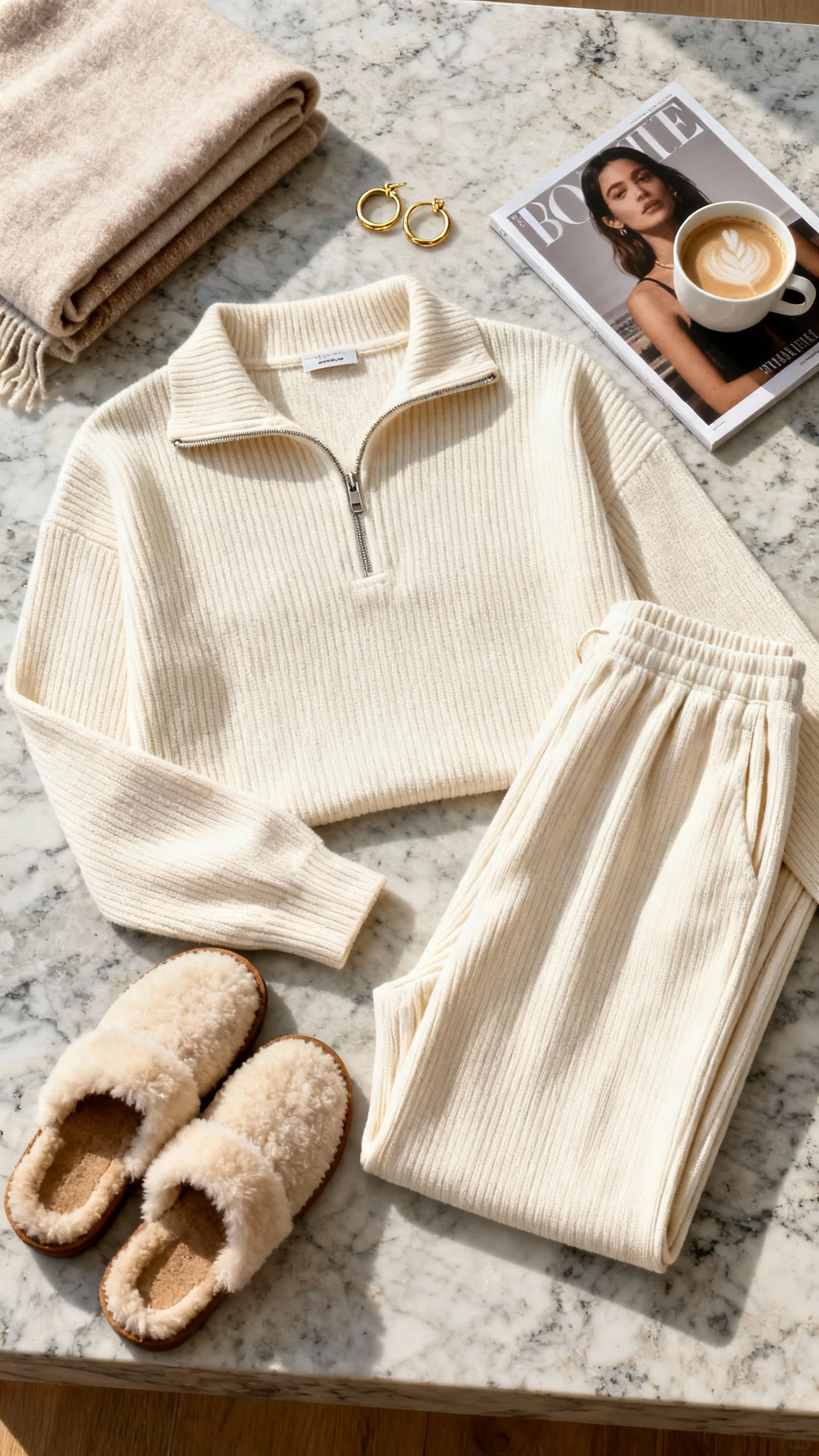 Top-down flat lay of an elevated lounge set: cream ribbed knit half-zip pullover with matching wide-leg lounge pants, shearling-lined slippers, delicate gold hoop earrings, and a folded cashmere throw, styled on a marble countertop with a glossy magazine and latte cup, bright natural light, no person visible, clean organized composition, iPhone photo aesthetic.