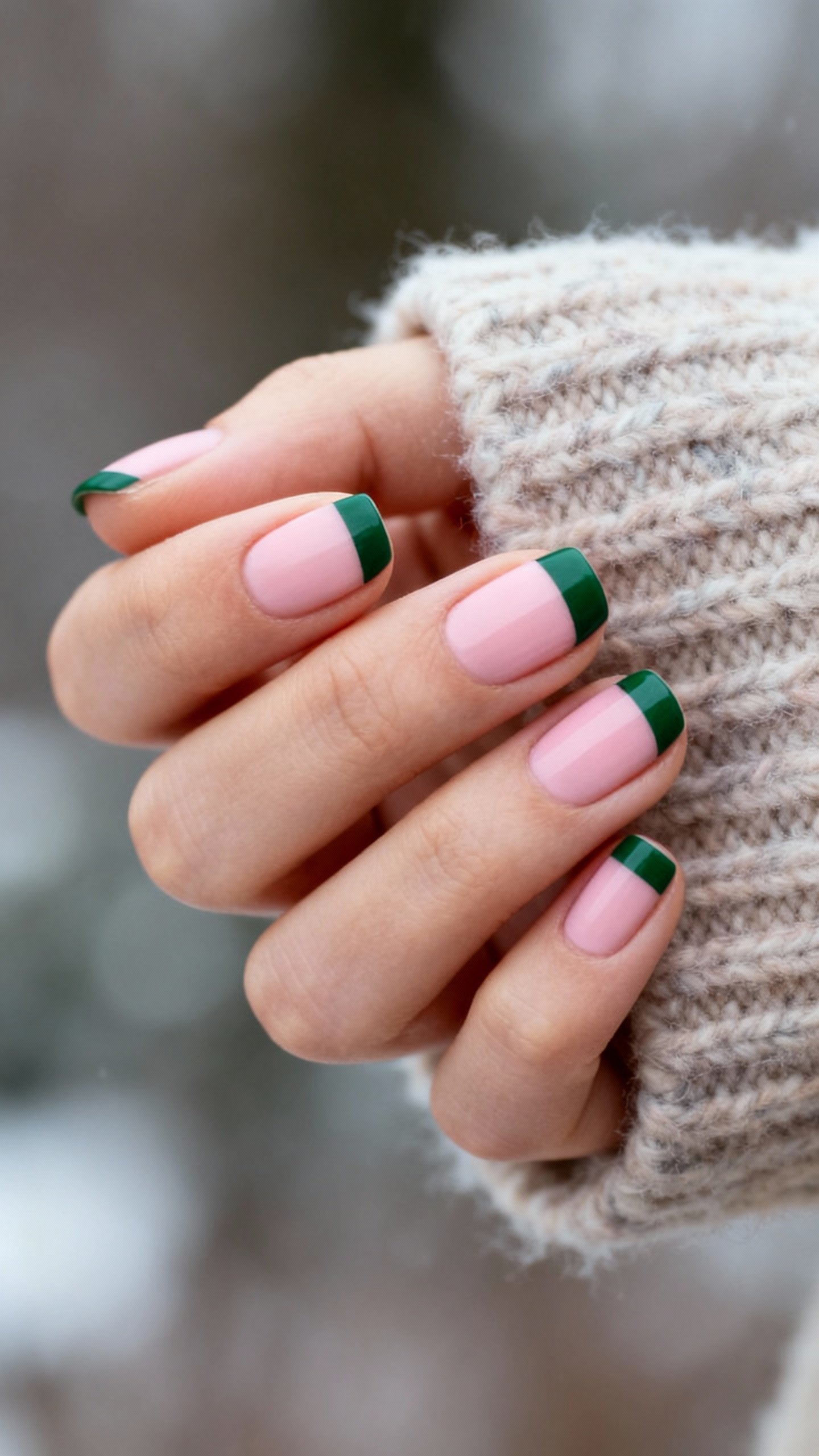 Macro shot of short nails, micro French deep green tips on milky pink base, matte finish, winter swe